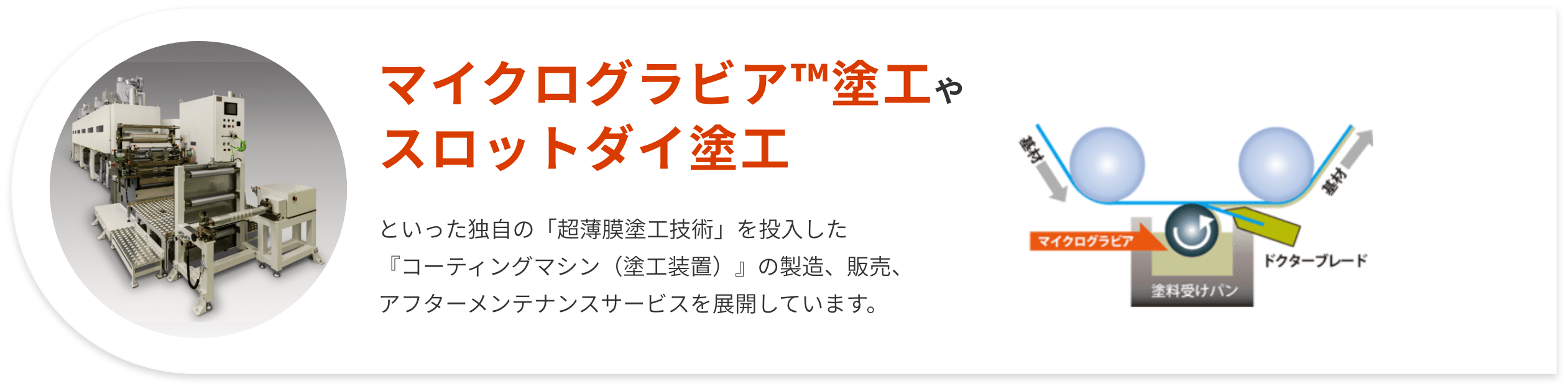 マイクログラビア™塗工やスロットダイ塗工といった独自の「超薄膜塗工技術」を投入した『コーティングマシン（塗工装置）』の製造、販売、アフターメンテナンスサービスを展開しています。